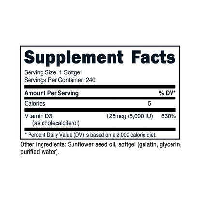 Nutricost Vitamin D3 Softgels (5,000 IU) (240 Softgels)