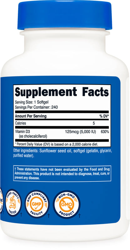 Nutricost Vitamin D3 Softgels (5,000 IU) (240 Softgels)