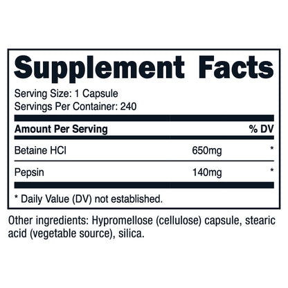 Nutricost Betaine HCl + Pepsin Capsules (790 MG) (240 Capsules)